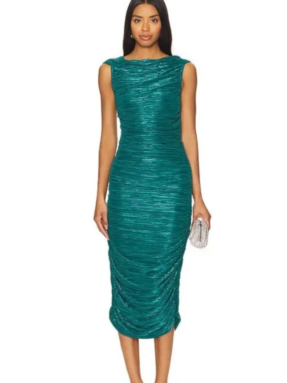 SABINA MUSAYEV Supernova Dress Midi teal metallic pleated Revolve NWT XS